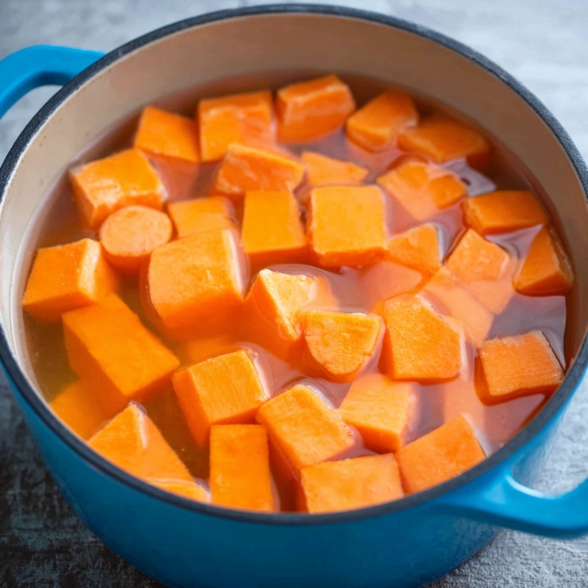 Chunks of sweet potato being cooked in a pot, softened and ready to be mashed for the casserole.