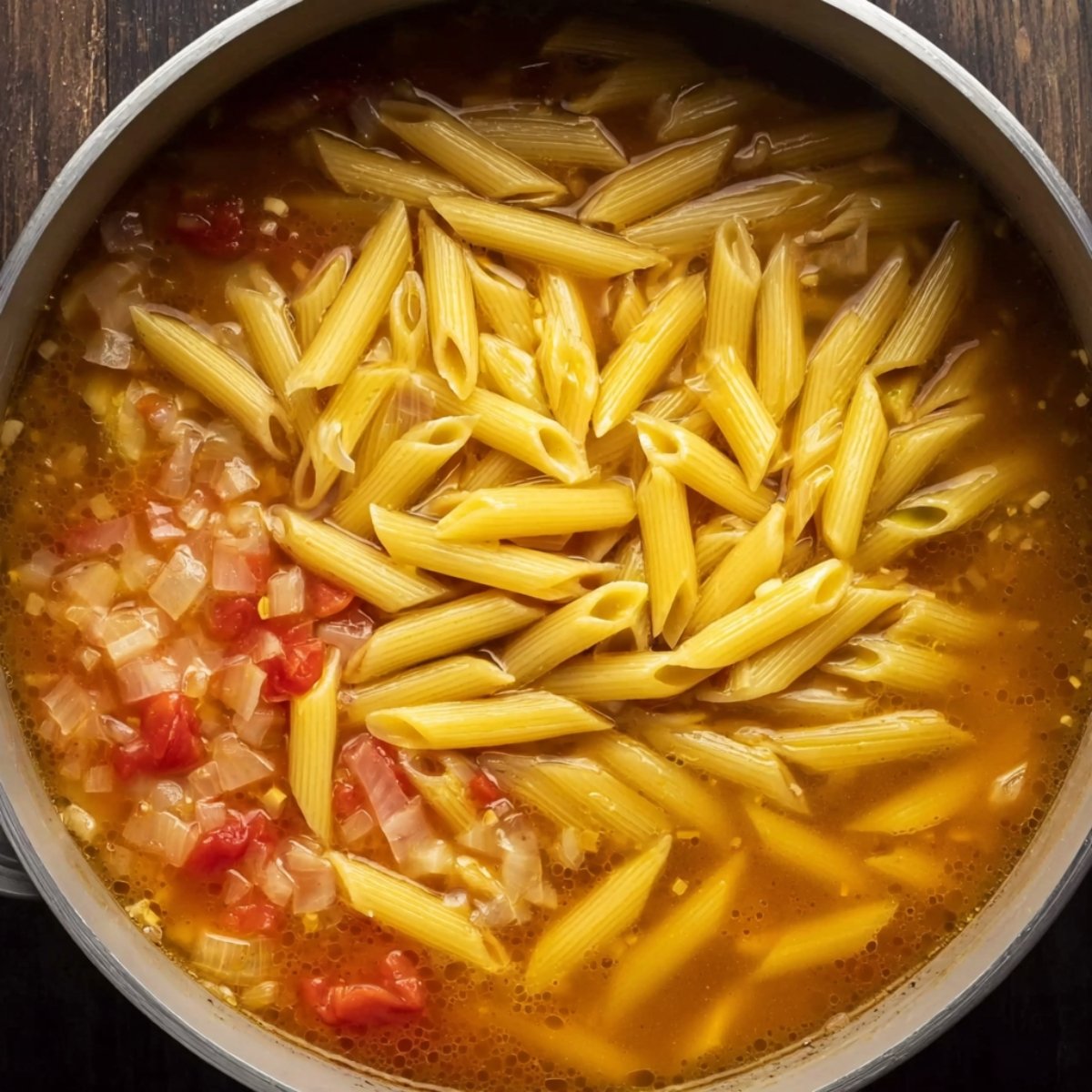 Penne pasta simmering in a pot with tomato broth and diced vegetables.