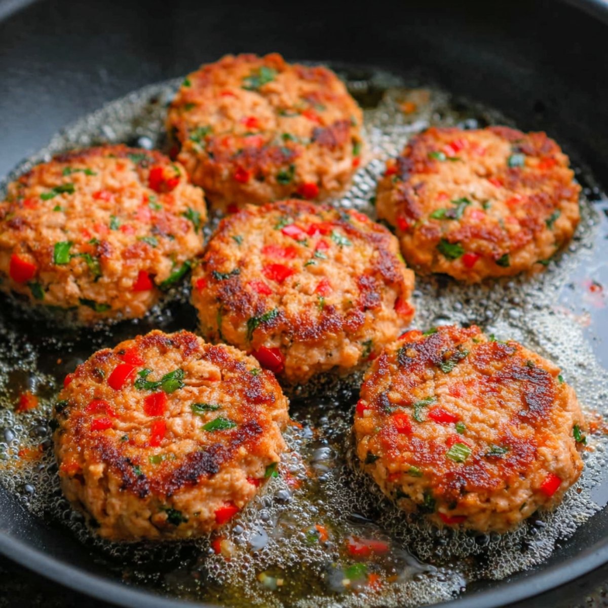 Salmon patties frying in a pan, sizzling in hot oil as they cook to a golden-brown crisp, with vibrant red pepper bits visible inside.
