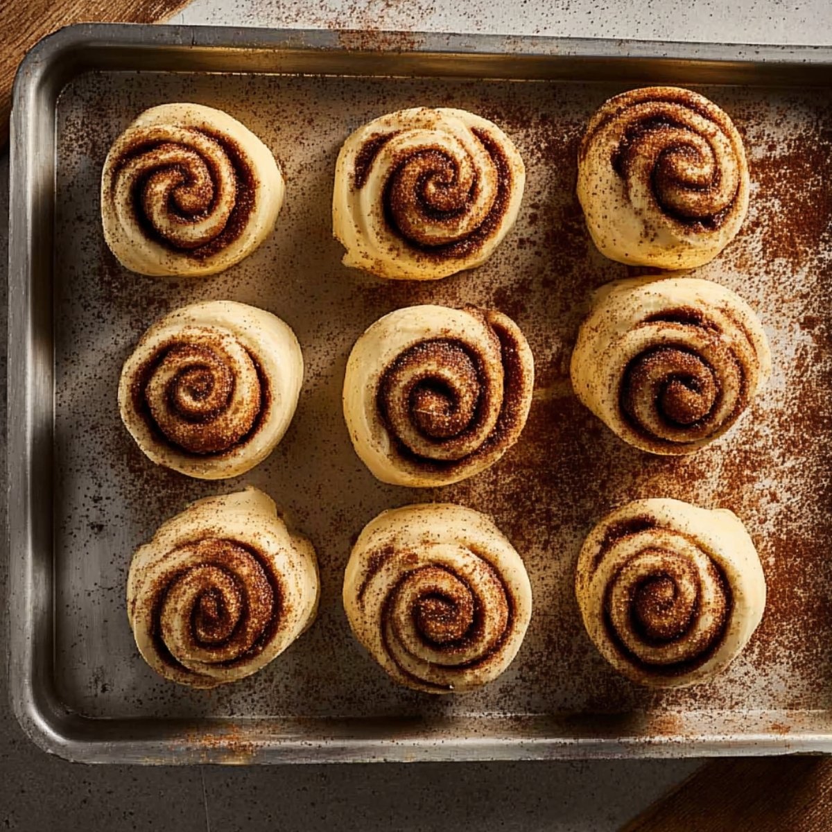 Freshly sliced unbaked cinnamon rolls arranged on a metal baking tray, showing thick spiral layers of soft dough and cinnamon sugar filling, ready for baking