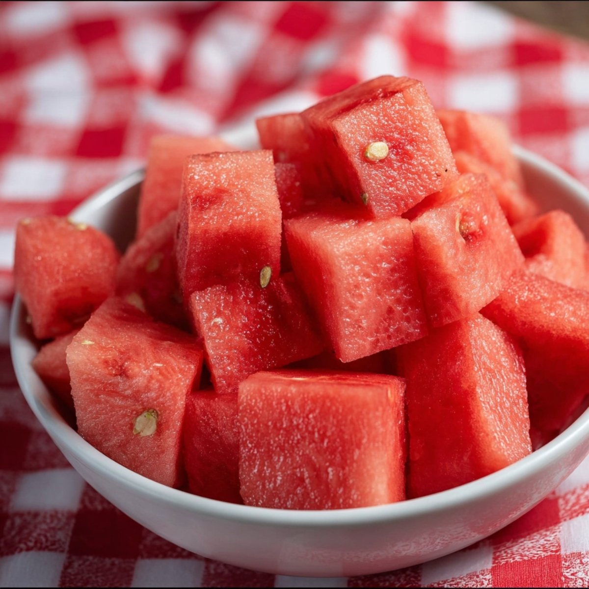 Blender with watermelon cubes and crushed ice, ready to be blended into a smoothie.