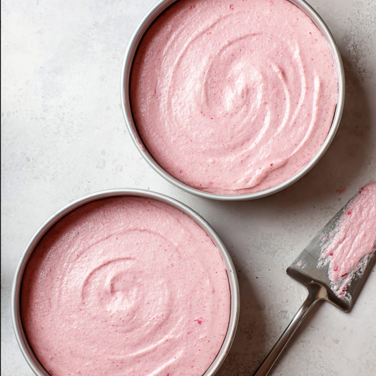 Strawberry cake batter divided into two round cake pans, ready for baking.