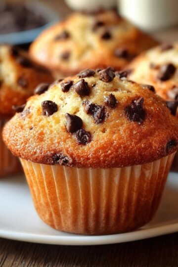 Freshly baked Chocolate Chip Muffins in a muffin tin on a marble surface with a blue kitchen towel
