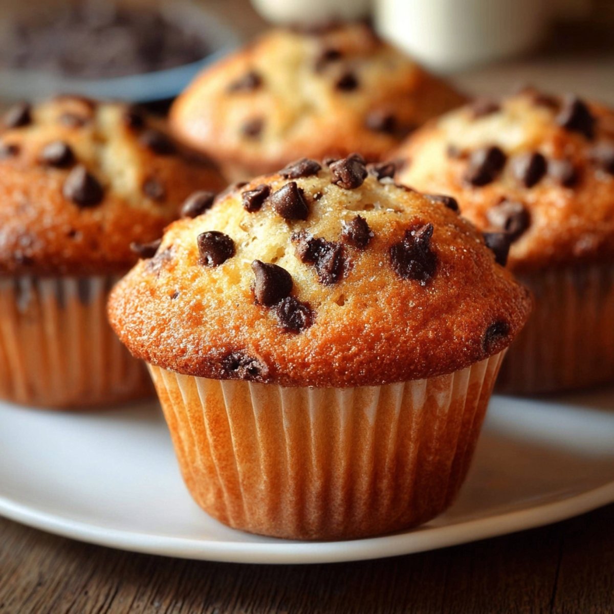 Freshly baked Chocolate Chip Muffins in a muffin tin on a marble surface with a blue kitchen towel