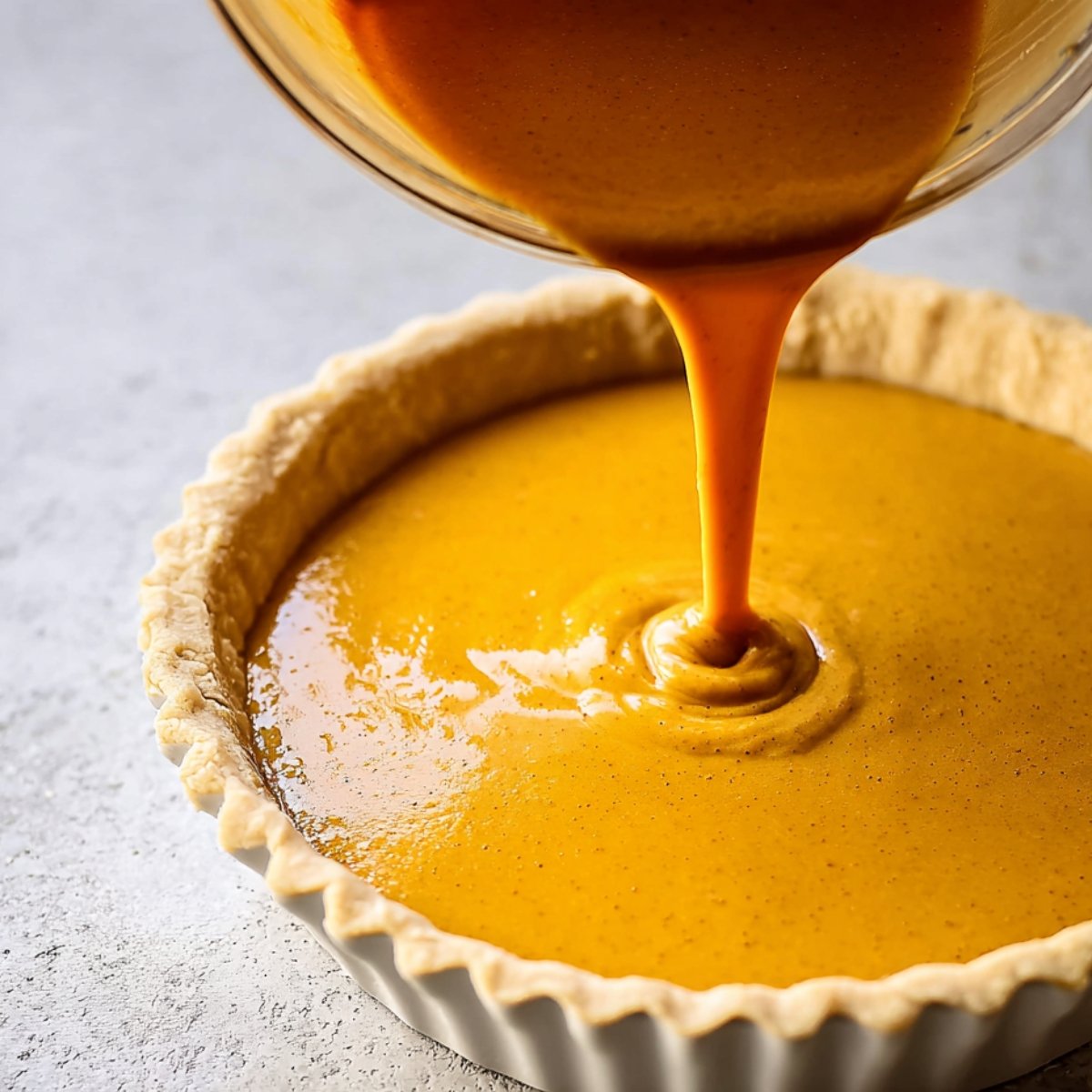 Carefully pour the pumpkin mixture into your unbaked pie crust. Fill it almost to the top, but leave a little room so it doesn't overflow as it bakes.