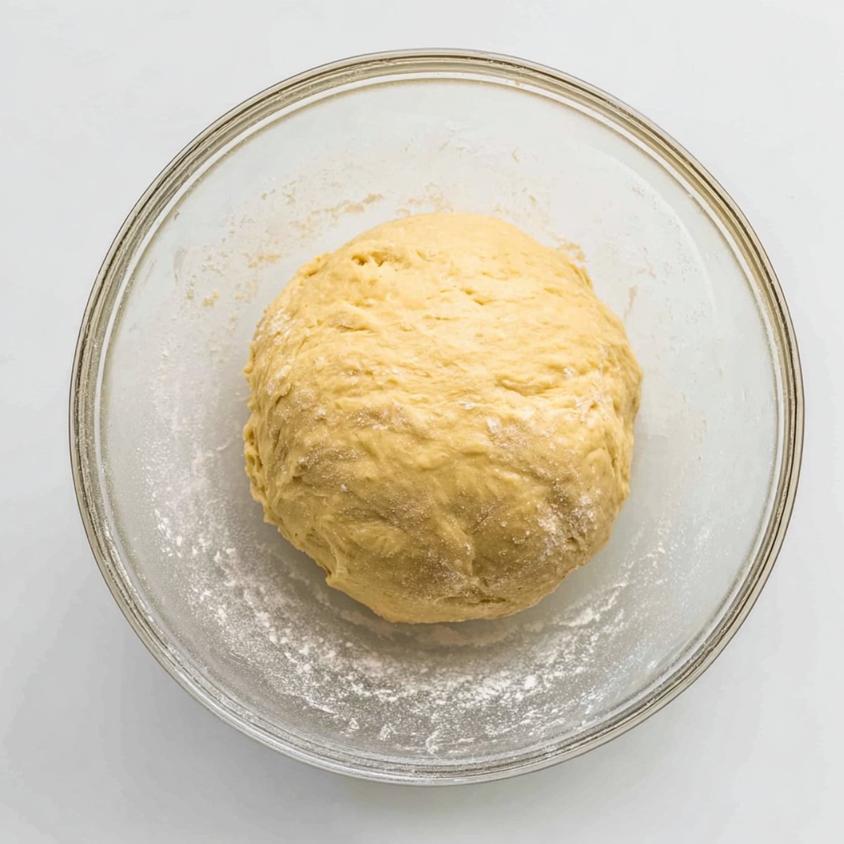 Soft yeast dough resting and rising in a clear glass bowl lightly dusted with flour, showing a smooth elastic texture before shaping into rolls