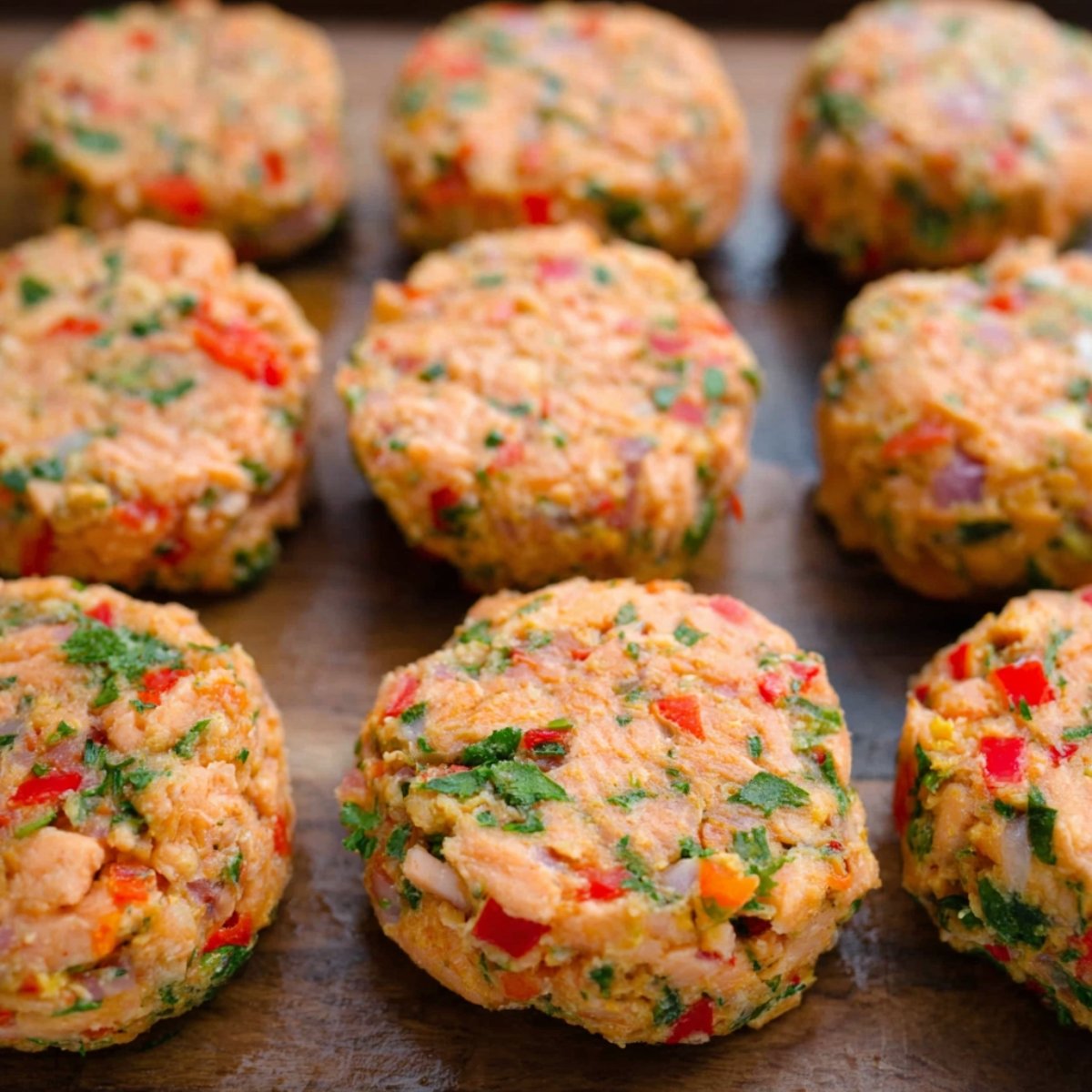 A close-up of freshly formed salmon patties, ready for cooking. The patties are packed with salmon, red peppers, and green herbs, forming a perfect shape.