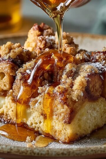 Close-up of French Toast Casserole Recipe with maple syrup drizzle