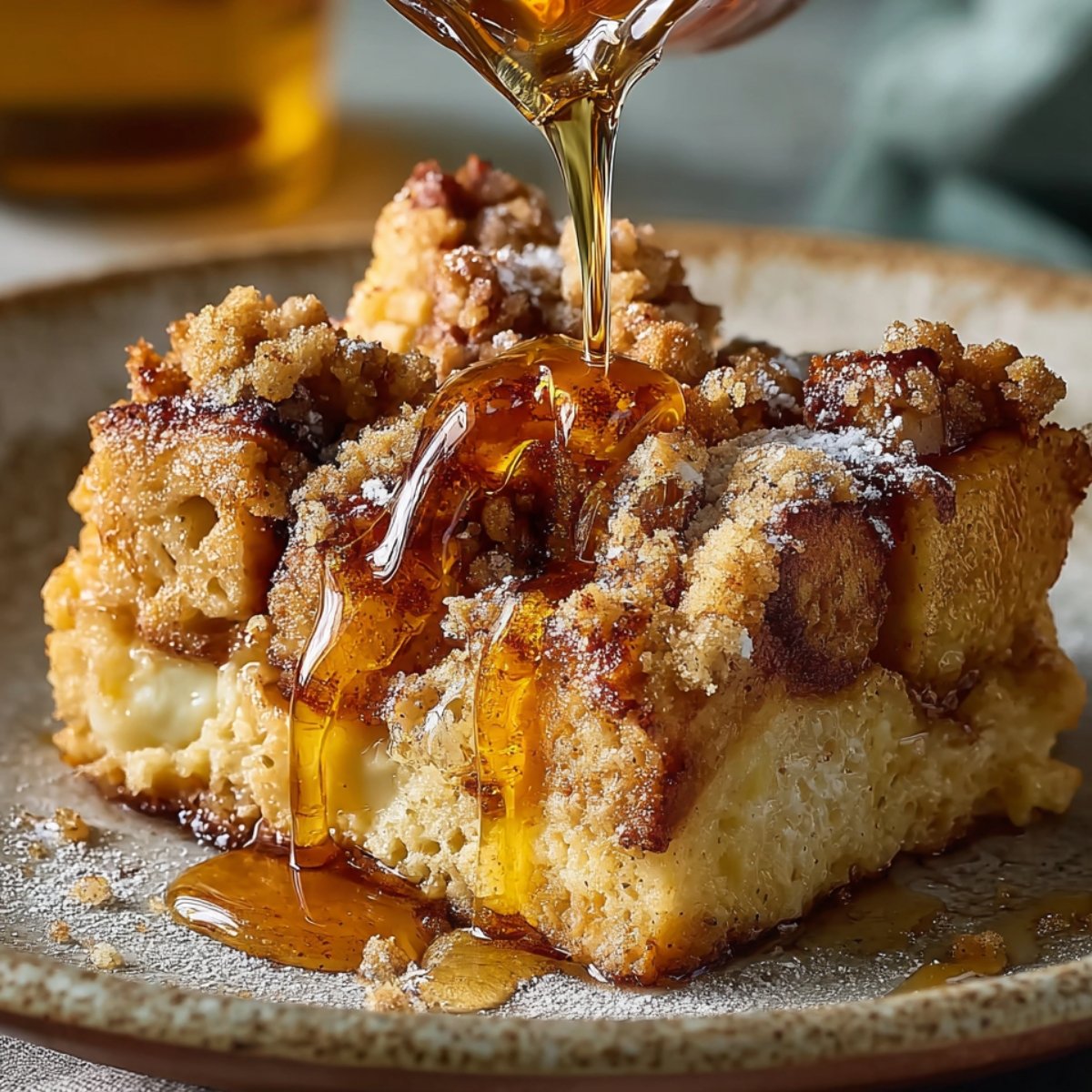 Close-up of French Toast Casserole Recipe with maple syrup drizzle