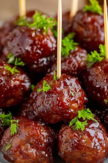 A close-up of Grape Jelly Meatballs on toothpicks, garnished with fresh parsley.