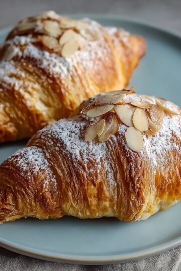 Beautifully baked croissants, dusted with powdered sugar and topped with sliced almonds.