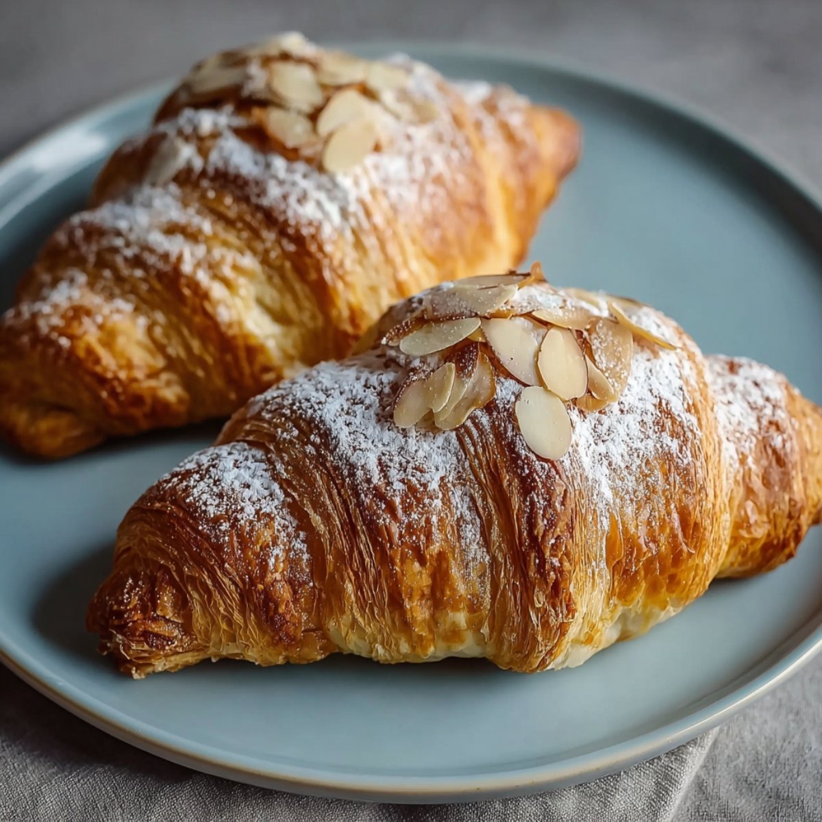 Beautifully baked croissants, dusted with powdered sugar and topped with sliced almonds.