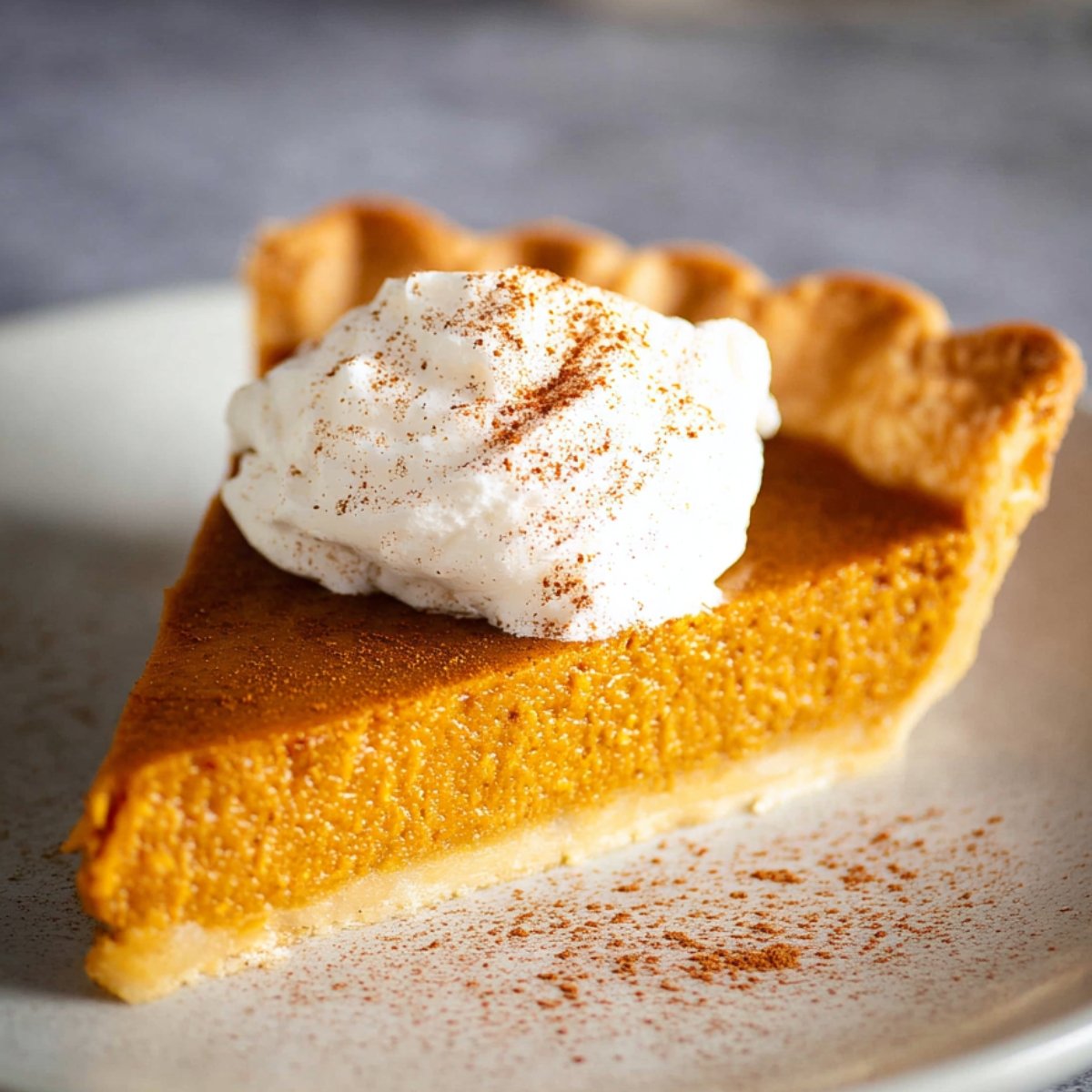Homemade Pumpkin Pie with a dollop of whipped cream and a dash of cinnamon.