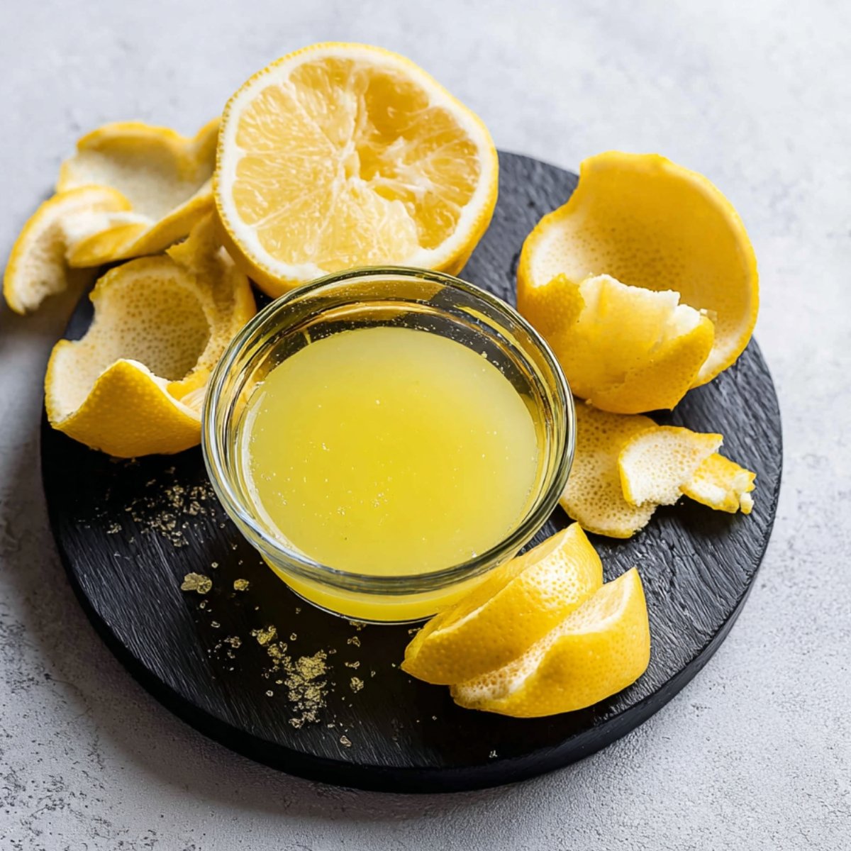 Lemon juice in a bowl with empty lemon peels on a black plate.