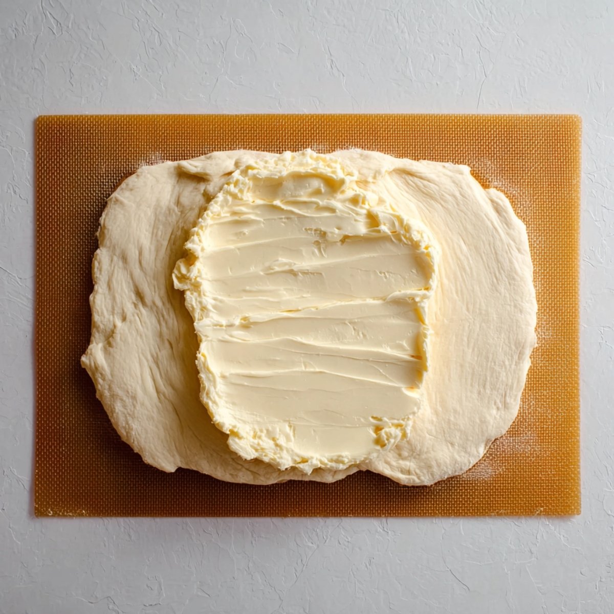 Butter spread on a sheet of croissant dough, prepared for lamination.