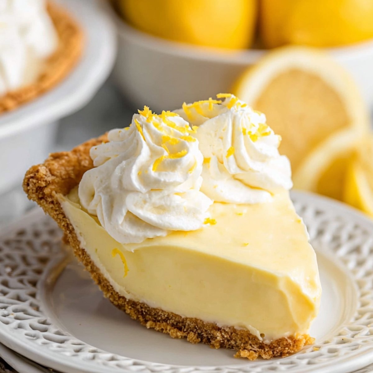 A slice of Lemon Cream Pie topped with fluffy whipped cream and garnished with lemon zest, placed on a white plate.