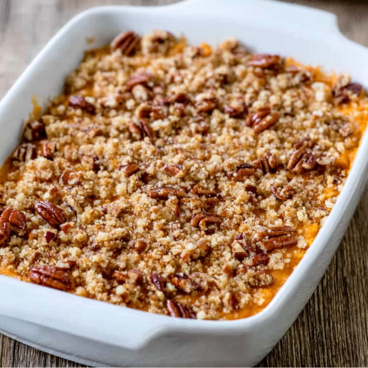 A close-up of a pecan crumble topping being prepared for the sweet potato casserole, with finely chopped pecans mixed with other ingredients, ready to be added on top.