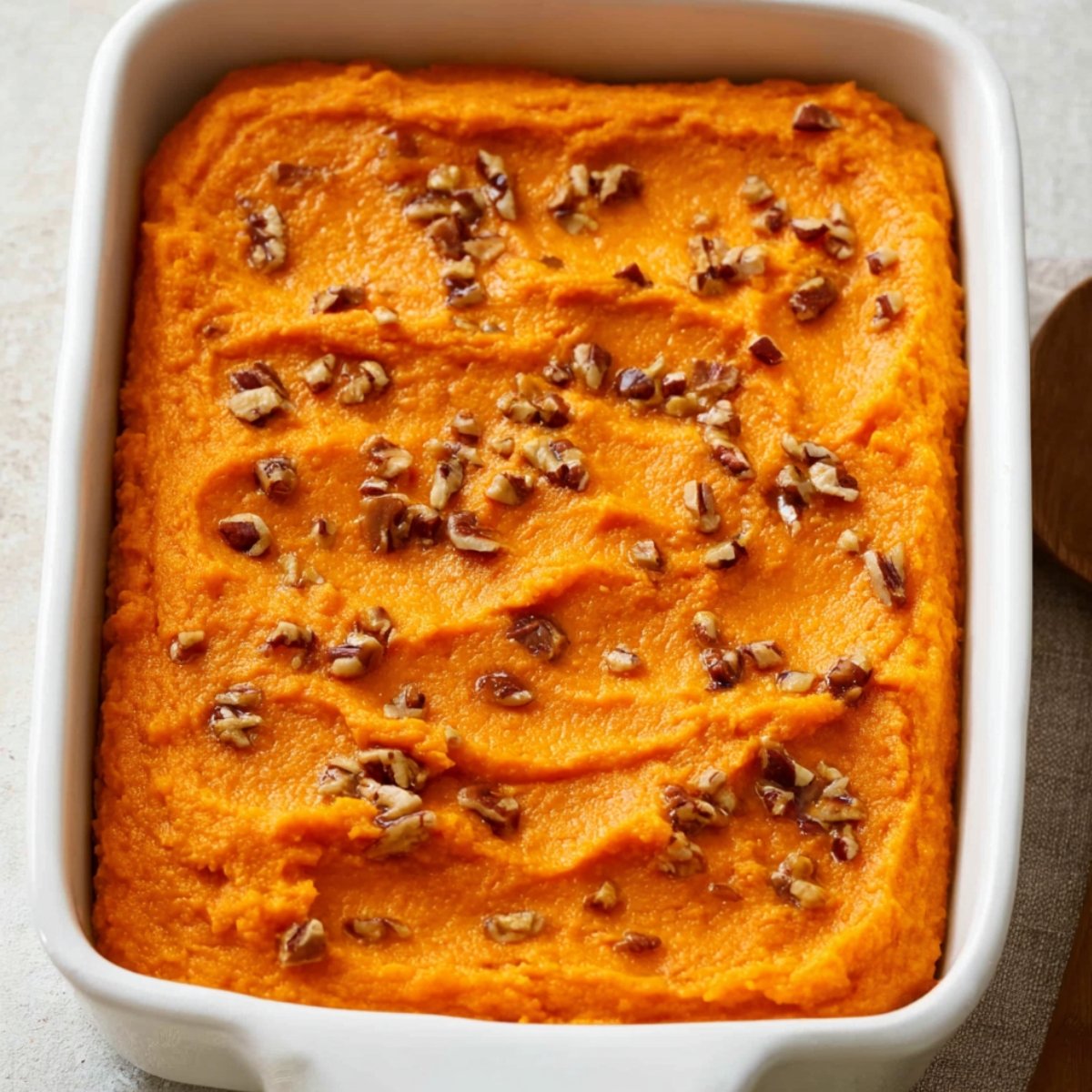 A mixing bowl filled with a smooth, creamy sweet potato filling, prepared with mashed sweet potatoes, ready to be spread in a casserole dish.