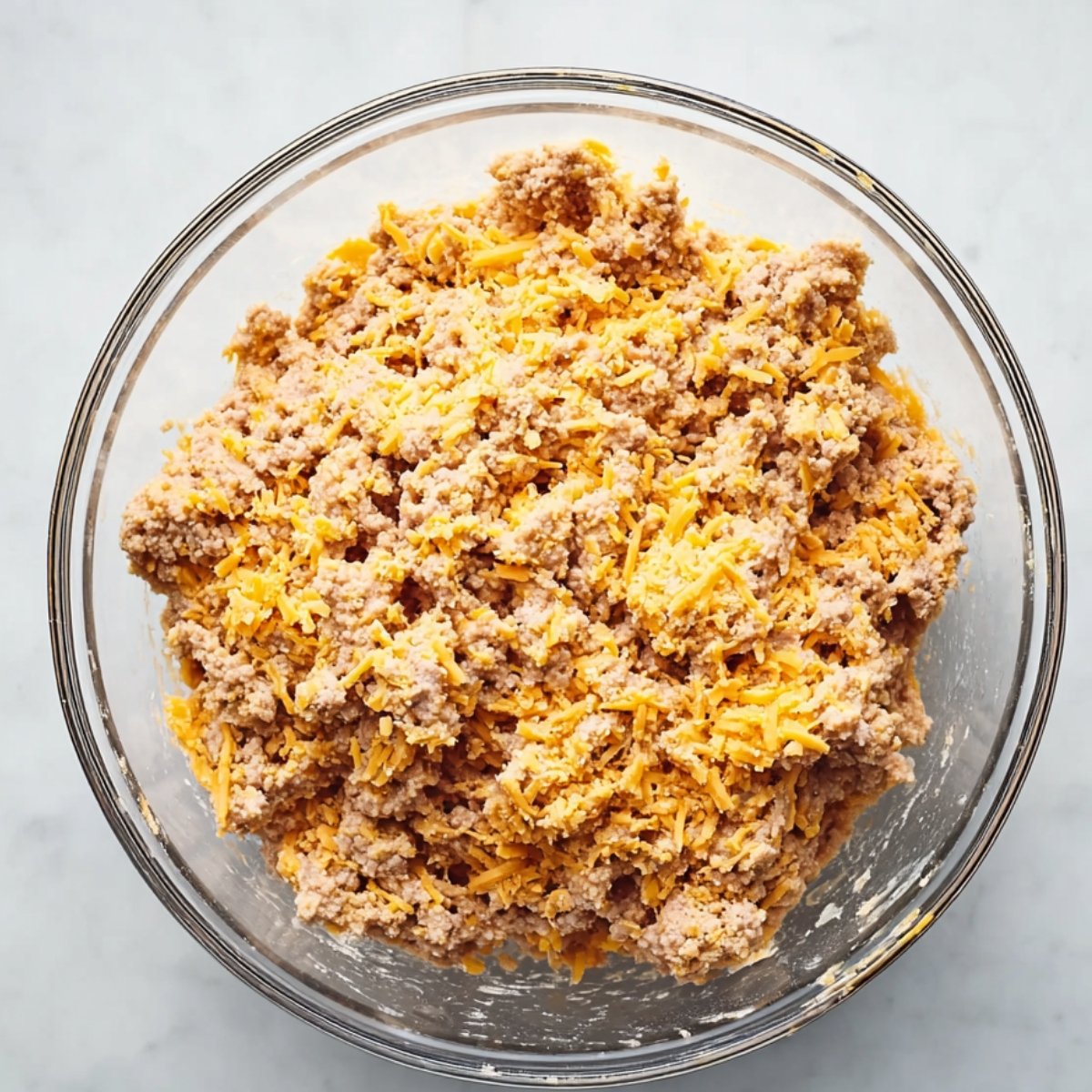 Sausage, cheese, and baking mix combined together in a glass mixing bowl