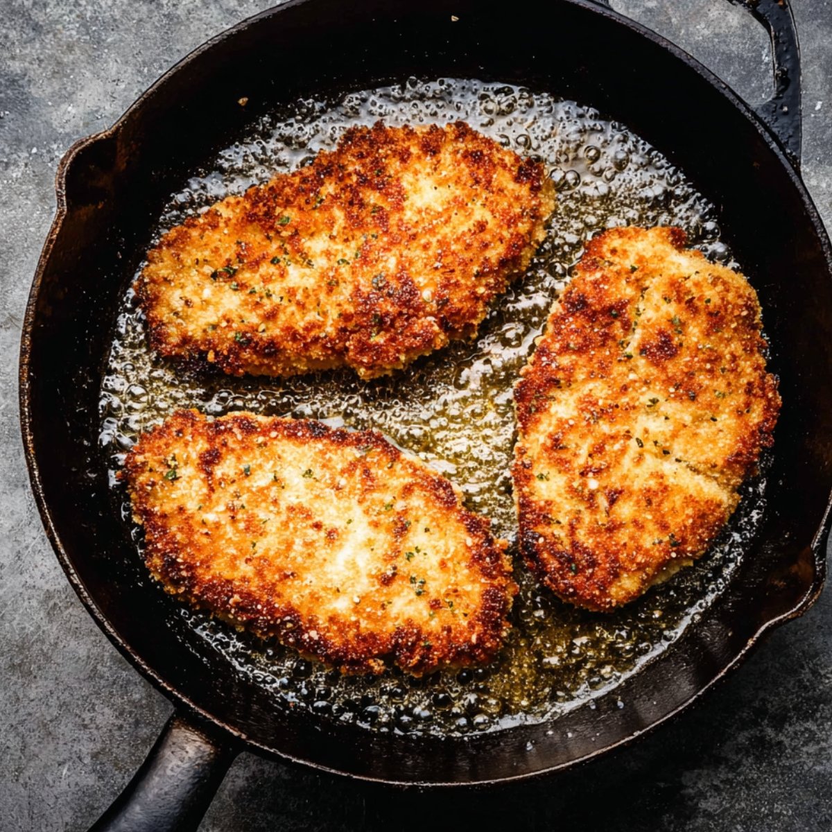 Breaded chicken cutlets frying in a skillet with hot oil until golden and crispy