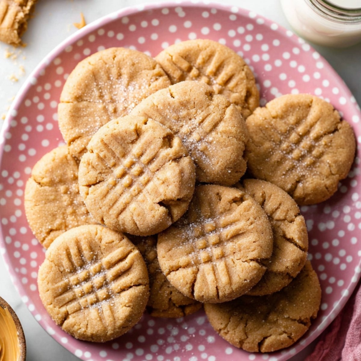 Stack of Peanut Butter Cookies on a pink plate.