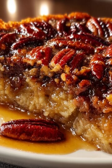 Slice of Pecan Pie Dump Cake with caramelized pecans on top.