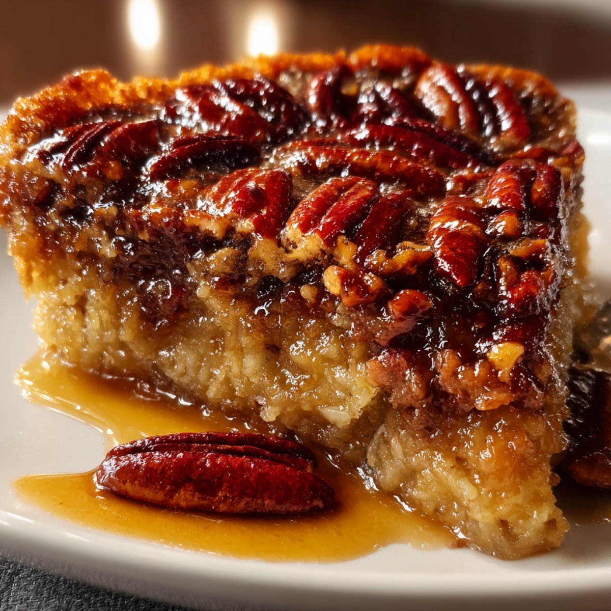 Slice of Pecan Pie Dump Cake with caramelized pecans on top.