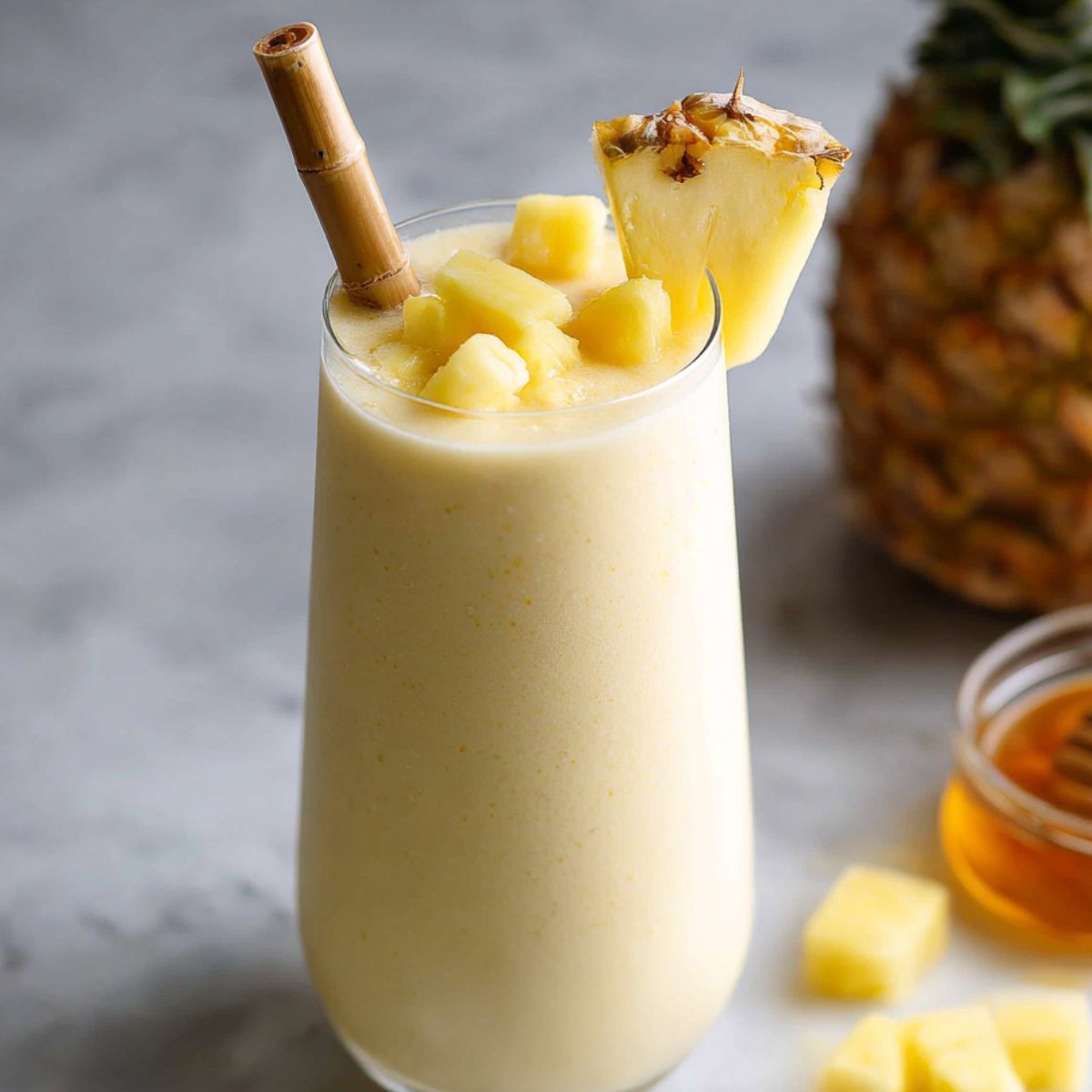 A glass of Pineapple Smoothie topped with pineapple pieces and a bamboo straw.