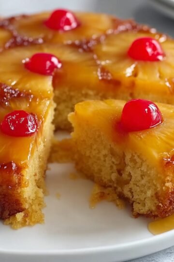Pineapple Upside Down Cake topped with glossy caramelized pineapple slices and red maraschino cherries, with syrup dripping onto the plate