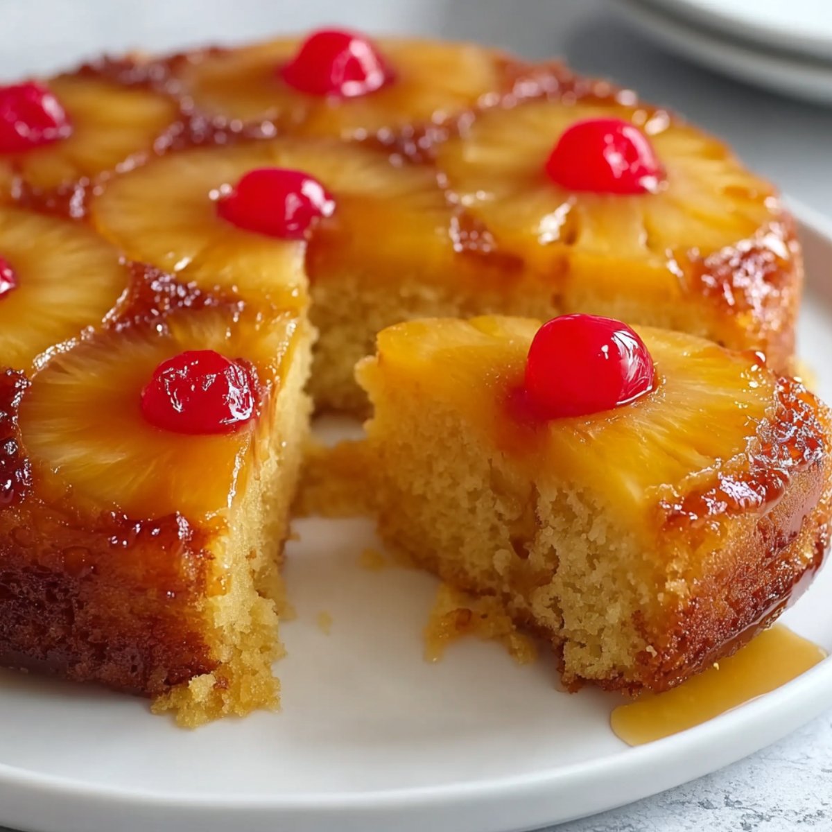 Pineapple Upside Down Cake topped with glossy caramelized pineapple slices and red maraschino cherries, with syrup dripping onto the plate