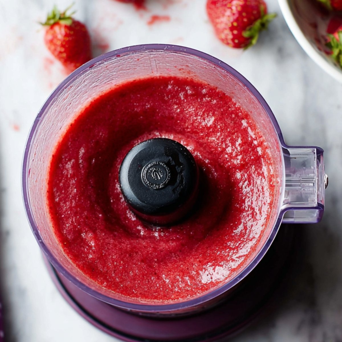 A food processor filled with smooth strawberry puree.