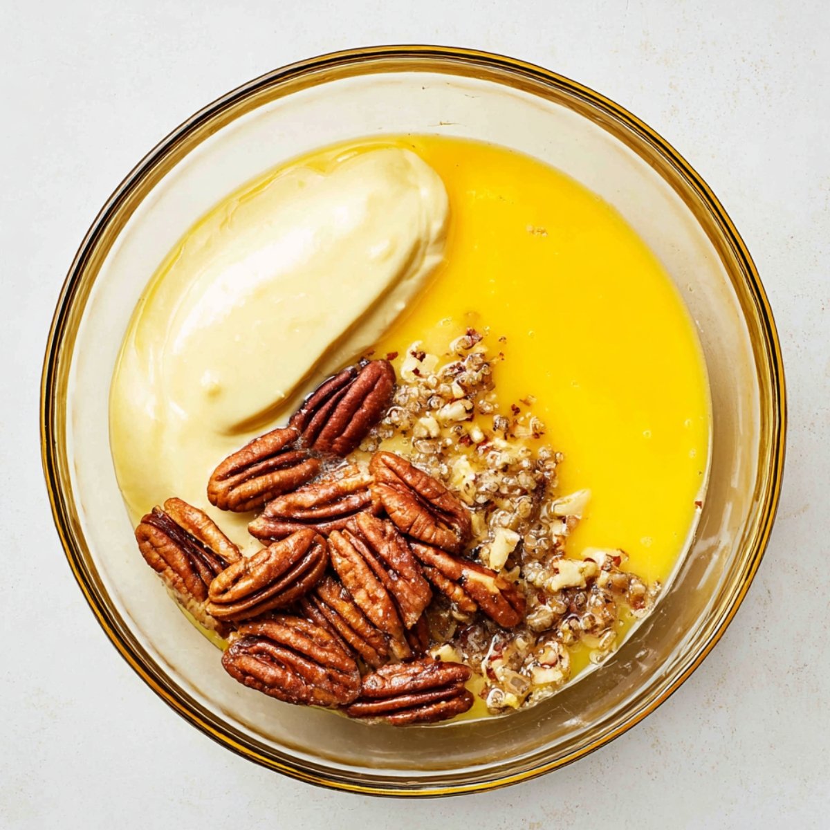 Butter, egg, and pecans in a mixing bowl for pecan pie dump cake.
