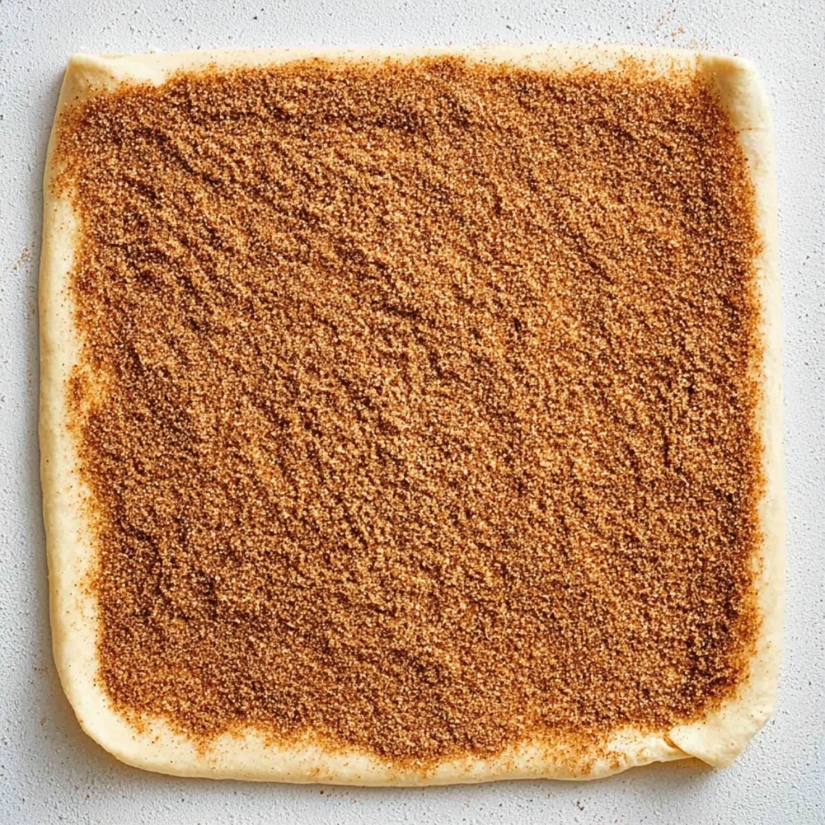 Rolled-out sweet dough evenly covered with a thick layer of cinnamon and brown sugar filling, prepared for rolling into cinnamon rolls on a light work surface
