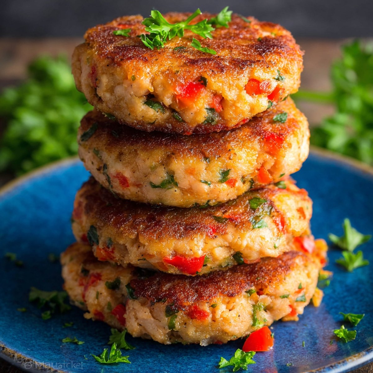 Golden-brown, crispy Salmon Patties stacked neatly on a plate, garnished with fresh parsley, ready to be served as a delicious meal.