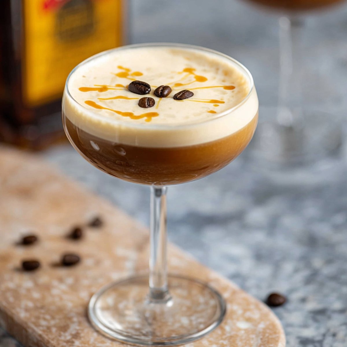Salted Caramel Espresso Martini garnished with coffee beans.