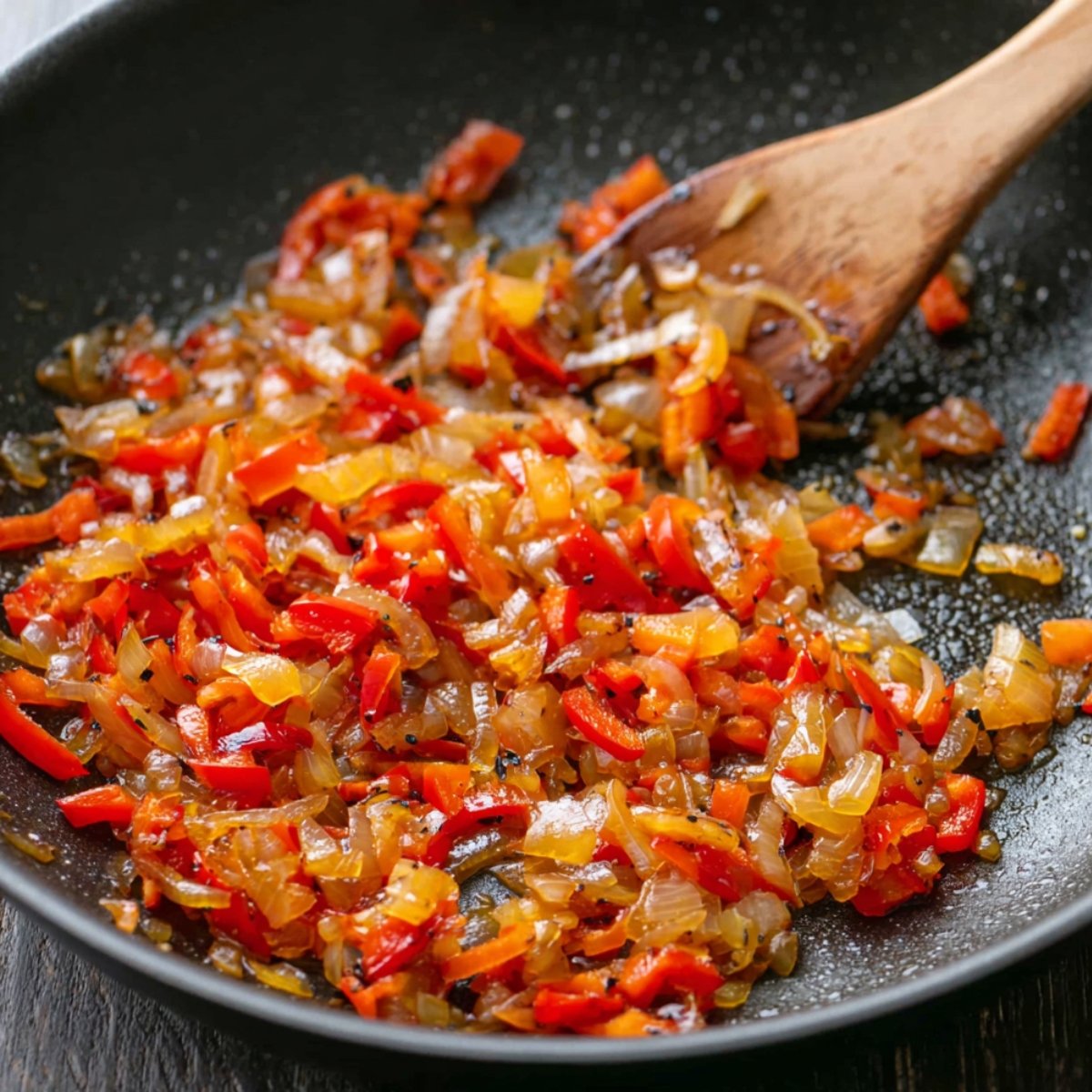 Onions and red peppers being sautéed in a pan, caramelizing to a golden color while releasing their sweet, savory aroma.