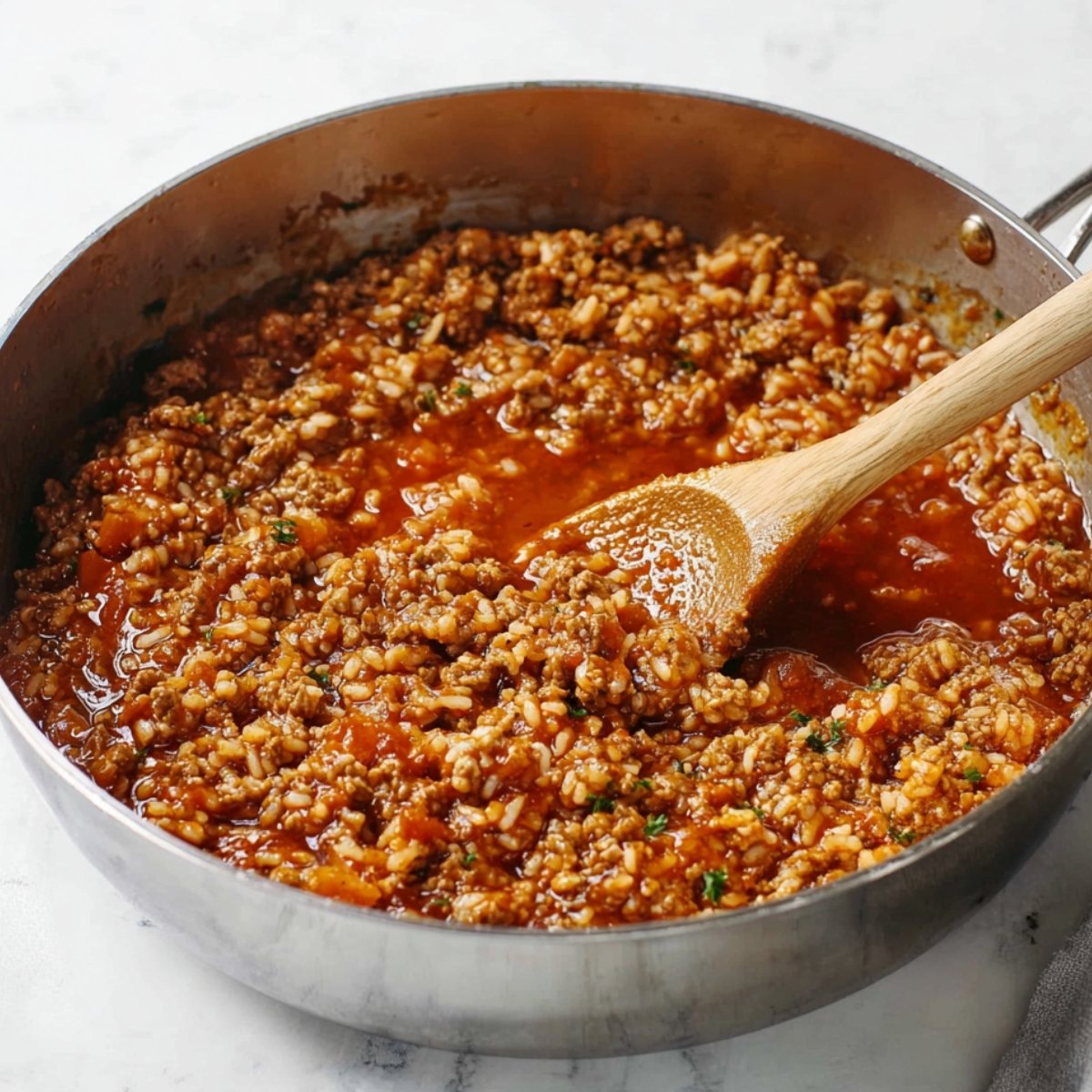 Ground meat and rice simmering in a pan with sauce.