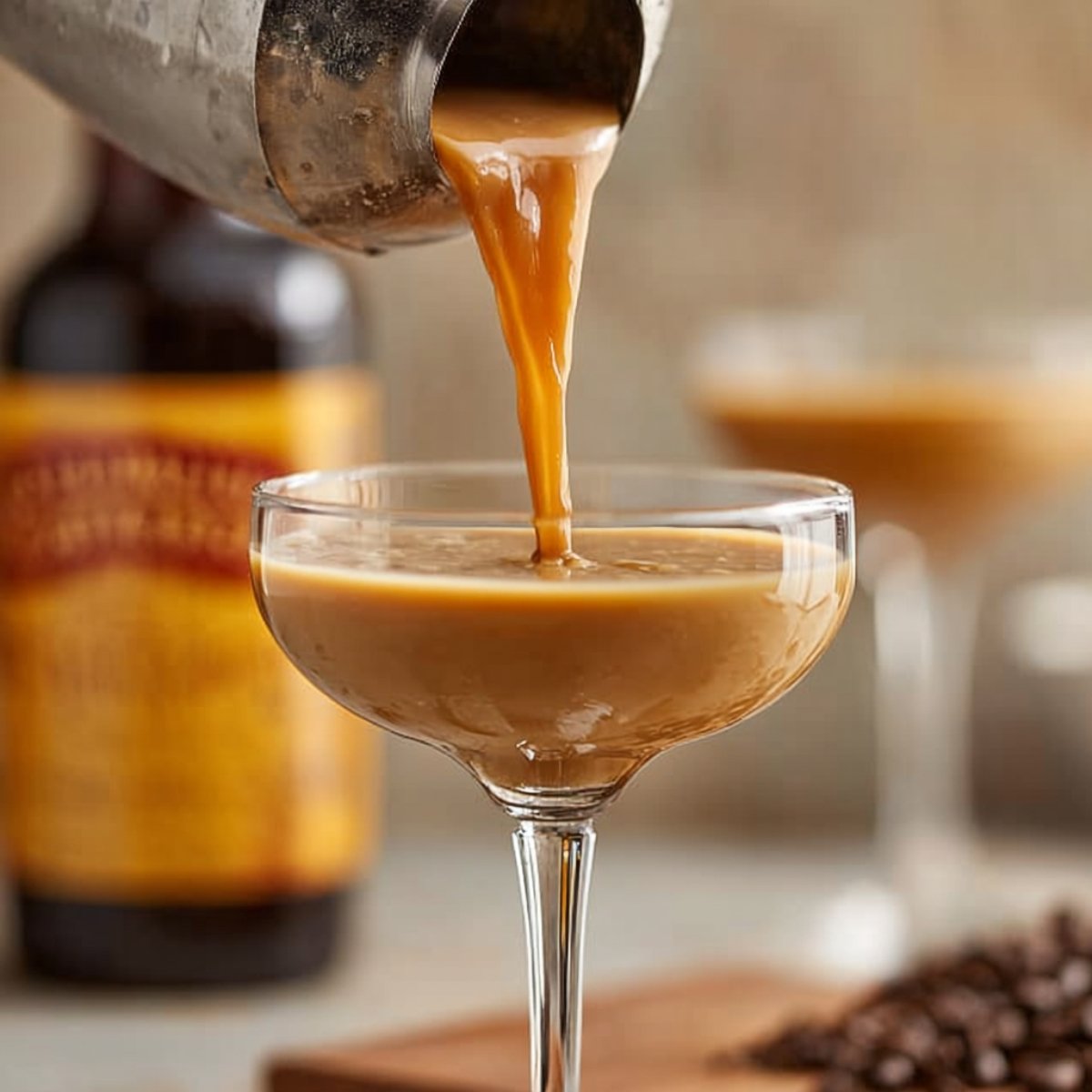 Salted caramel espresso martini being strained into a coupe glass.