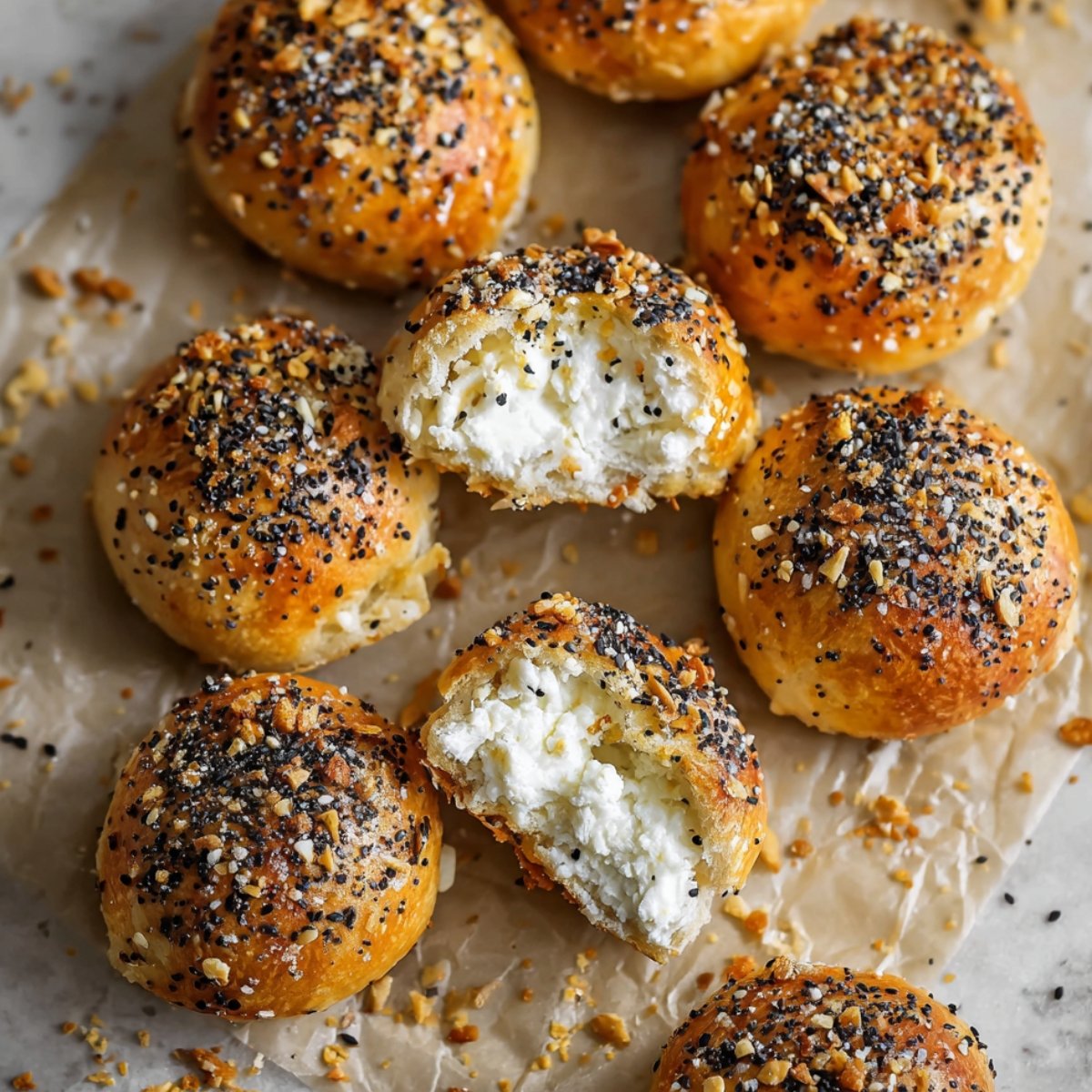 Another view of Stuffed Bagel Bites with melted cream cheese inside, topped with everything bagel seasoning.