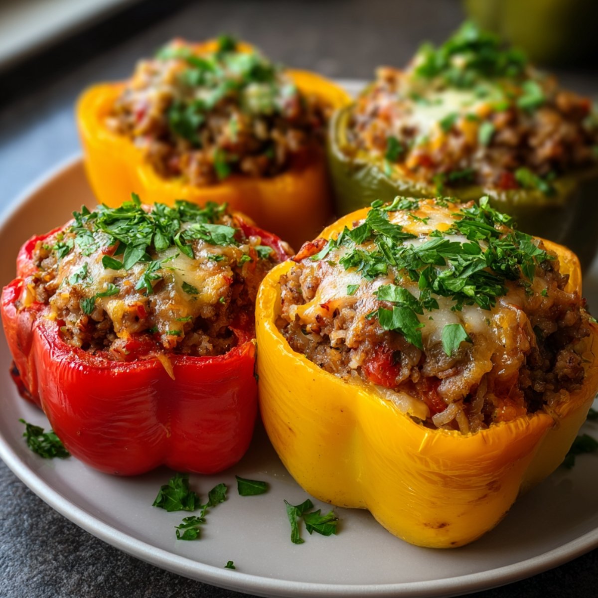 Colorful Stuffed Bell Peppers filled with a savory meat mixture, topped with melted cheese and fresh parsley.
