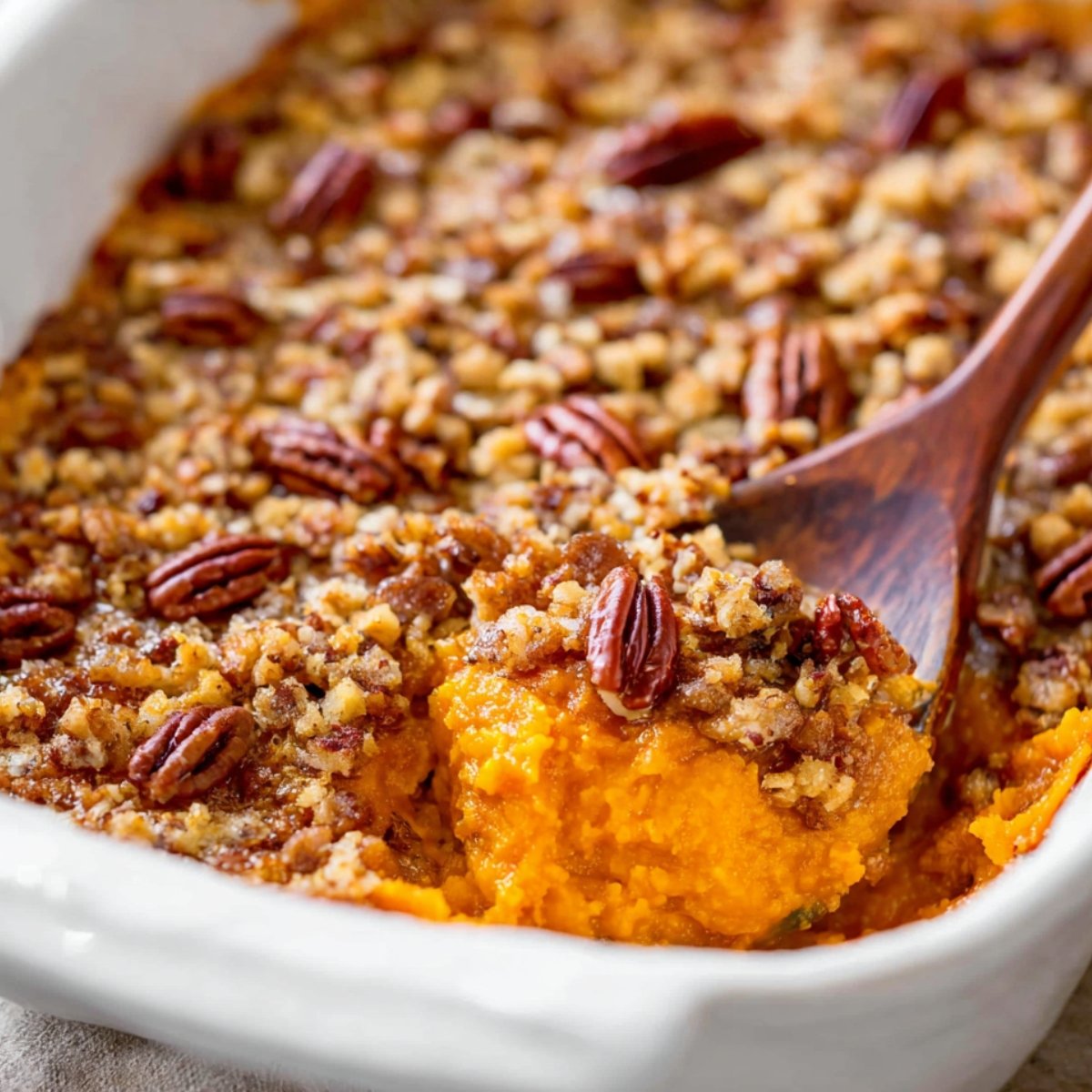 A close-up of a sweet potato casserole with a crisp pecan crumble topping, showing the rich orange sweet potatoes underneath.