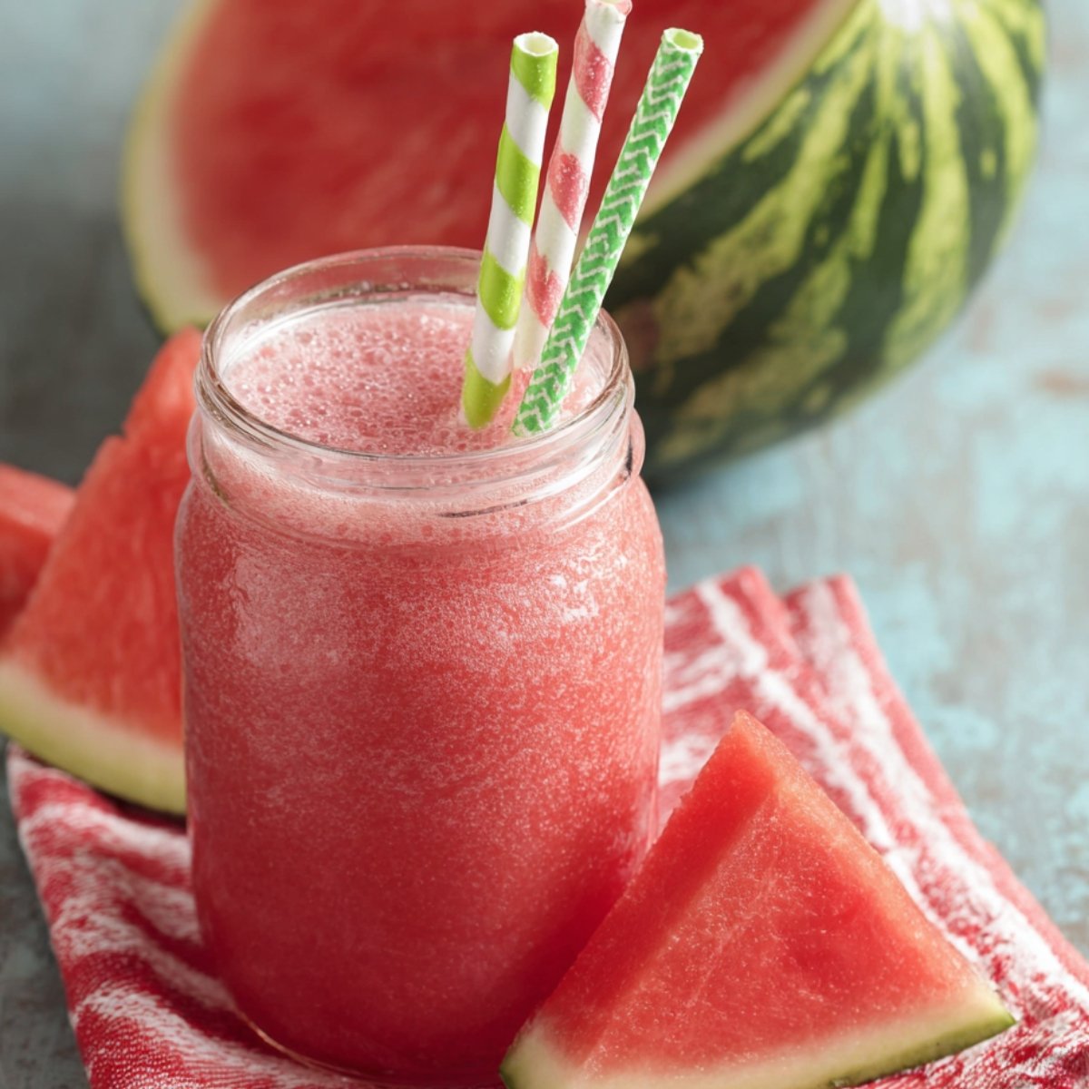 Watermelon Juice with two straws, surrounded by watermelon slices.